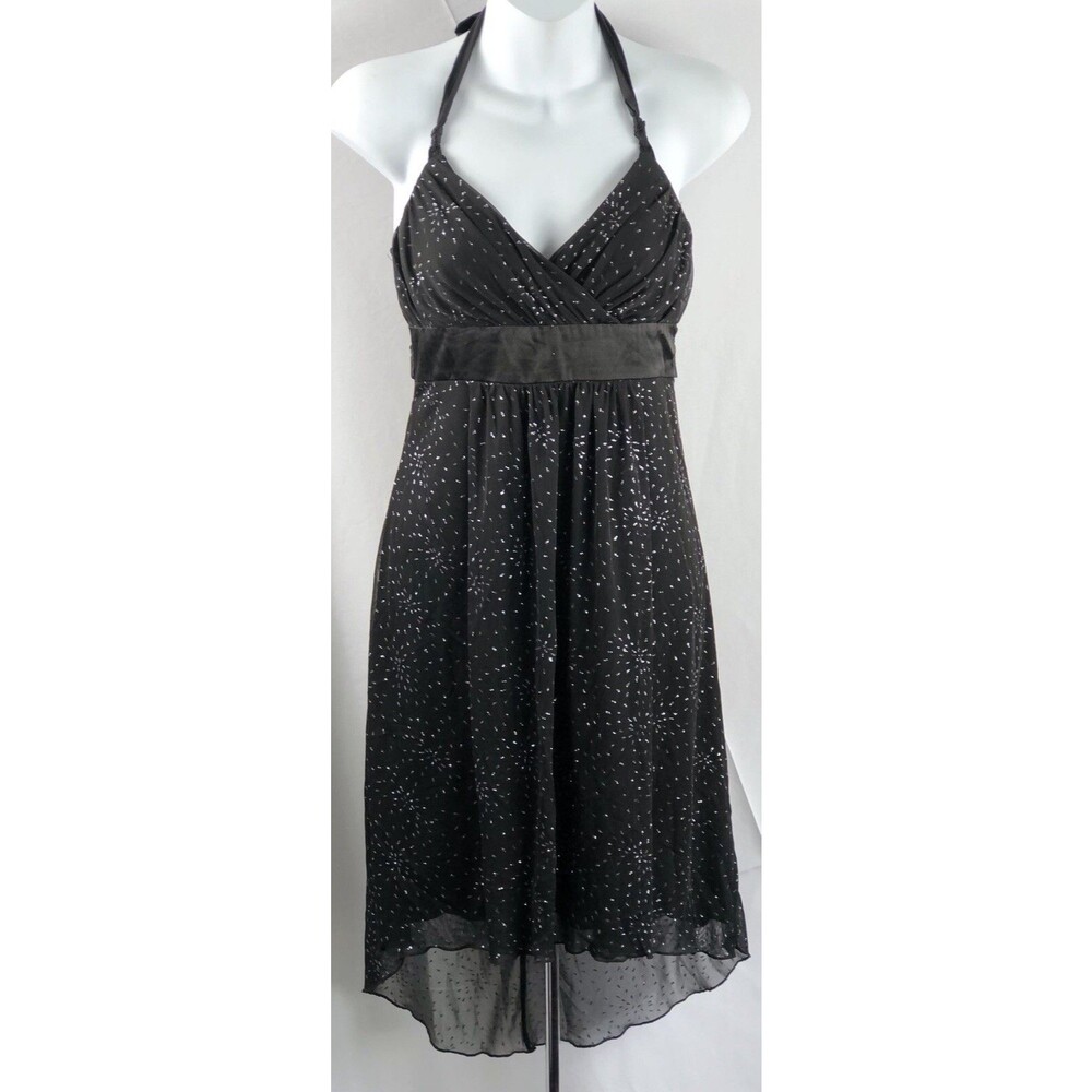Vintage Formal Cocktail Halter Dress S Blk Metallic Asymmetrical Mesh Pin Up